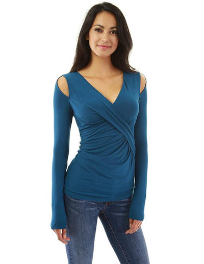 Casual Deep V Neck Cold Shoulder Fitted Cheap T-Shirt