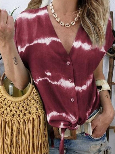Women's printed short sleeve V neck button blouses