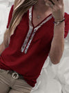 Solid color patchwork v-neck Decorative beaded  short sleeve T-shirt