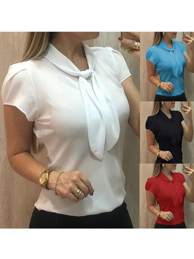 Plain short-sleeved collar chiffon summer blouses