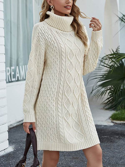 Loose sweater knit high neck  shift dresses Cable- Knit sweater dresses