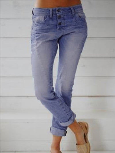 Women long pants button plain blue jeans