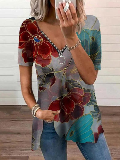 Zipper design women printed fashion v neck T-shirts