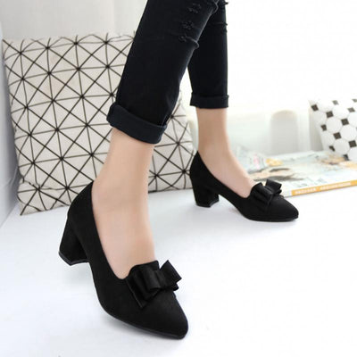 Woman Bowknot Suede Women Chunky Heel Pointed Toe Pumps