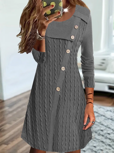 Casual Plain Texture Crew Neck Stitched Buttons Jersey Skater Dresses