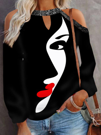 Casual Printed Crew Neck Off Shoulder Long Sleeve T-Shirts