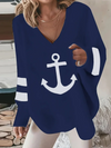 Woman Casual Sea Anchor Loose V Neck Spring Sweatshirts