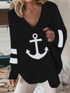 Woman Casual Sea Anchor Loose V Neck Spring Sweatshirts