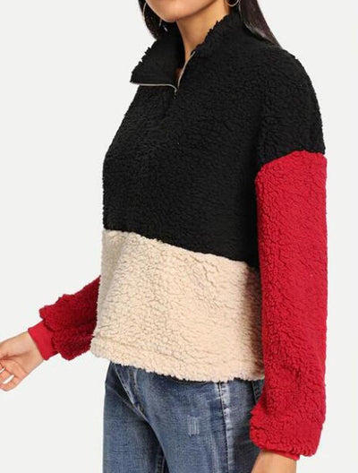 Thick Zipper Stand Collar Color Matching Plush Sweater