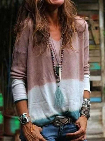 V-neck Patchwork Color Tie Dyed Long Sleeve Casual T-shirt