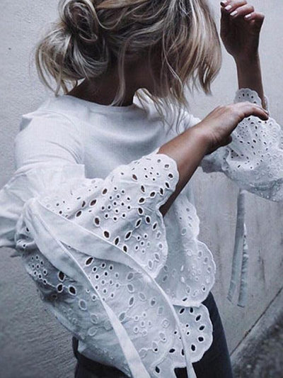 Round Neck Hollow Out Plain Bell Sleeve Blouses