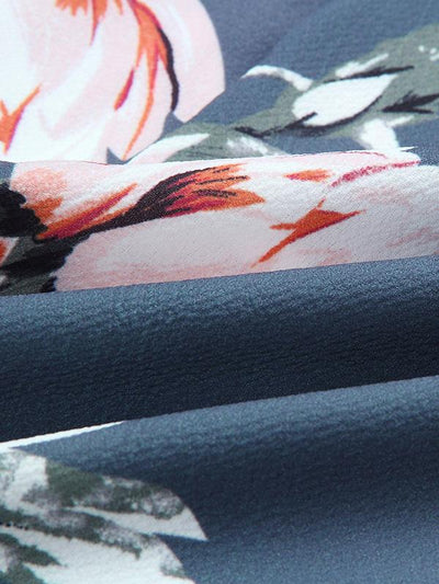 Button-up Flower Printed V-neck Short Sleeve Tie Skater Dress