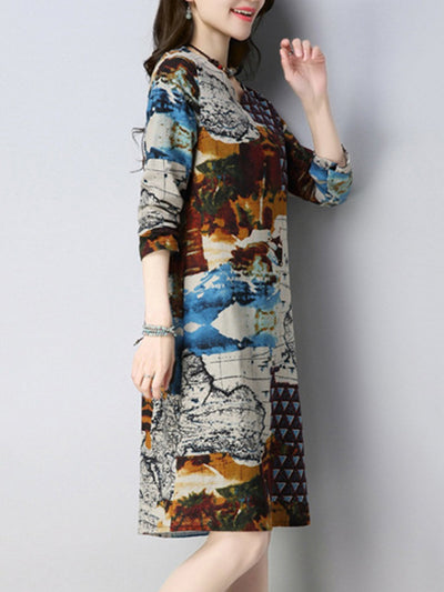 Abstract Printed Long Sleeve Casual Dress