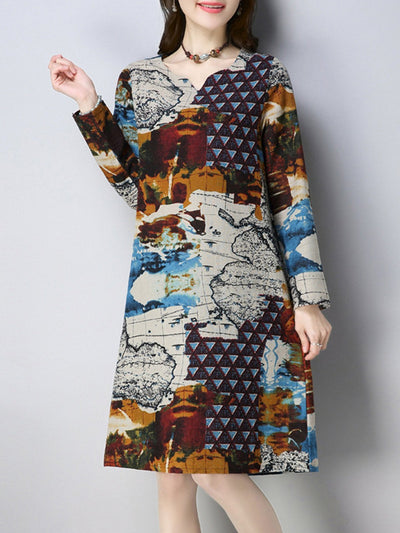 Abstract Printed Long Sleeve Casual Dress