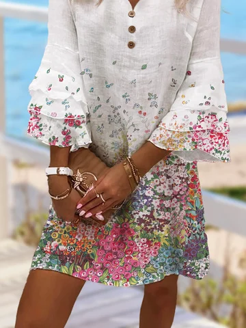 Loose Casual V Neck Floral Vacation Dresses