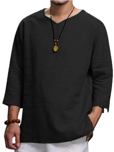 Men's Casual Cotton Linen Mid-sleeve Shirt