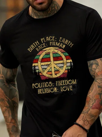 Men's Peace Print Cotton Short Sleeve T-Shirt