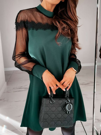 Fashion Sexy Pure Lace Gored Stand collar Long sleeve Shift Dresses