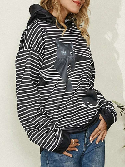 Casual Stripe Cat print Long sleeve Hoodies Sweatshirts
