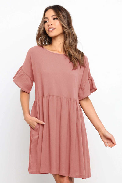 Casual Loose Pure Gored Round neck Short sleeve Shift Dresses