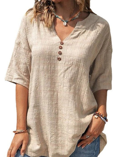 Half sleeve v neck button design cotton blend blouses
