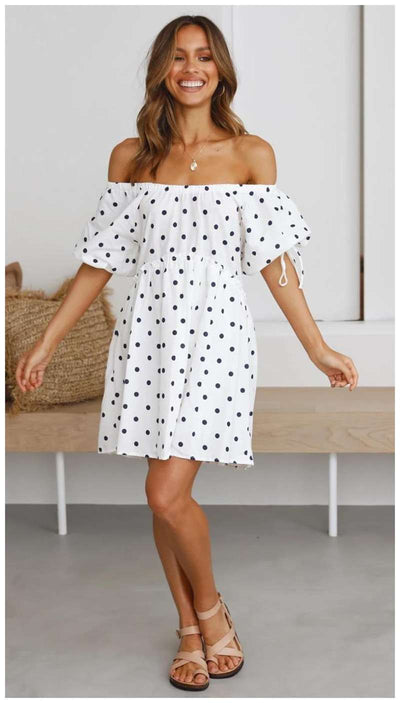 Casual Loose Point print One shoulder Short sleeve Shift Dresses