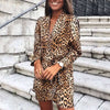 Stylish Leopard print Lapel Long sleeve Lacing Irregular Shift Dresses