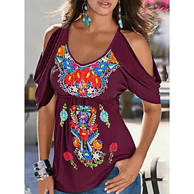 U neck off shoulder short sleeve floral women summer T-shirts
