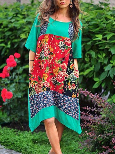 Casual Loose Gored Print Round neck Half sleeve Shift Dresses