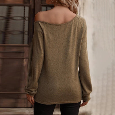 Ladies Fashion Button One Off Shoulder Long Sleeve T-shirts