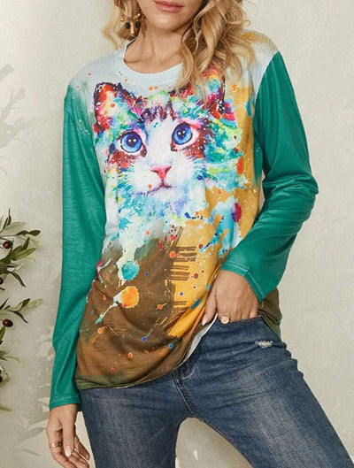 Casual Plangi Cat print Round neck Long sleeve T-Shirts
