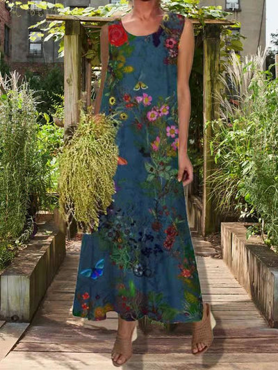 Casual fresh floral print round neck maxi dresses