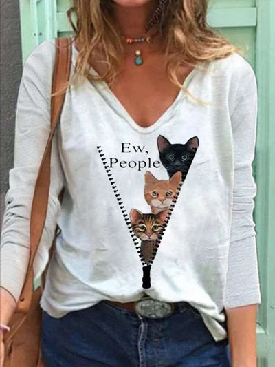 Casual Loose Cat print V neck Long sleeve T-Shirts