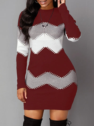 Sexy Stripe Long Sleeve Round Neck Inner Sweater Dress Bodycon Dress