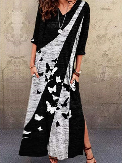 Casual Butterfly print V neck Long sleeve Maxi Dresses