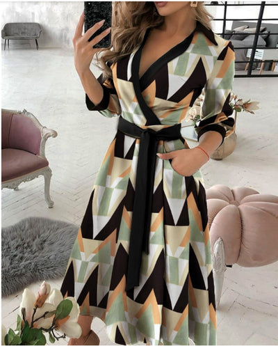 Fashion Long sleeve V-neck printed women's maxi dresses