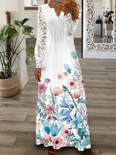 V neck lace woman long sleeve spring long dress maxi dresses