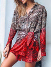 Casual Sexy Leopard pring Gored Lapel Long sleeve Shirt Skater Dresses