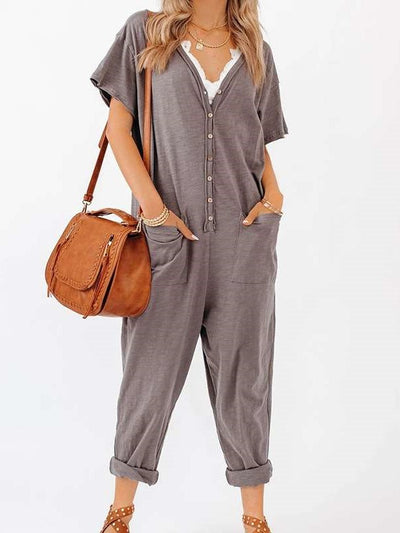 Casual Loose Pure V neck Short sleeve Fastener Jumpsuits