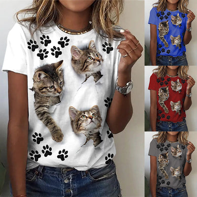 Cat Printed Round Neck Short Sleeve Daily T-shirts