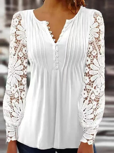 Lace Long sleeve pleated printed button Blouses
