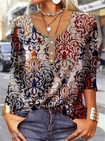 Button style printed fashion long sleeve spring t-shirts
