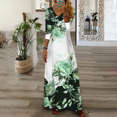 Elegant V neck long sleeve flower printed Long Dress Maxi Dresses
