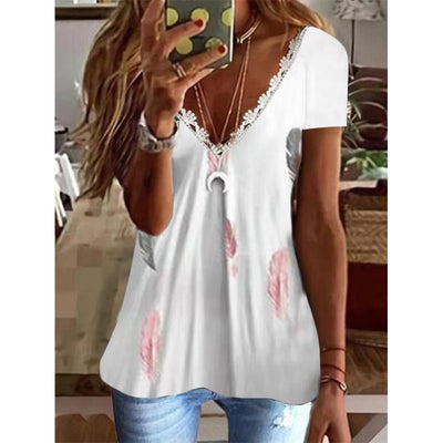Printed V-Neck Bright Color Short Sleeve T-Shirt Women Tops