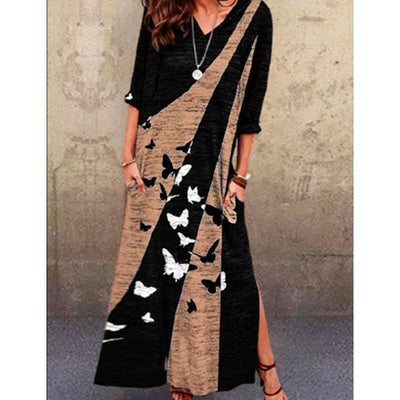 Casual Butterfly print V neck Long sleeve Maxi Dresses