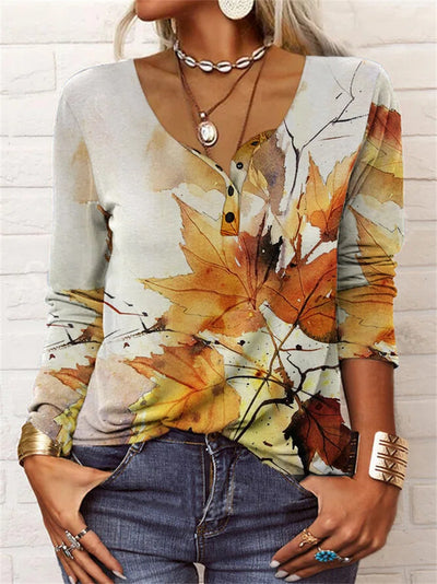 Button style printed fashion long sleeve spring t-shirts