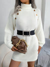 Women High neck long sleeve knit button design shift dresses