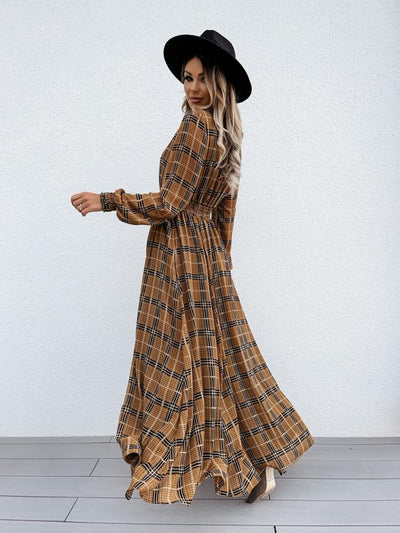 Grid Printed Long Sleeve Waist Slit Maxi Dresses