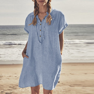 Daily casual comfy Turn down neck plain button shift dresses