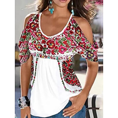 U neck off shoulder short sleeve floral women summer T-shirts
